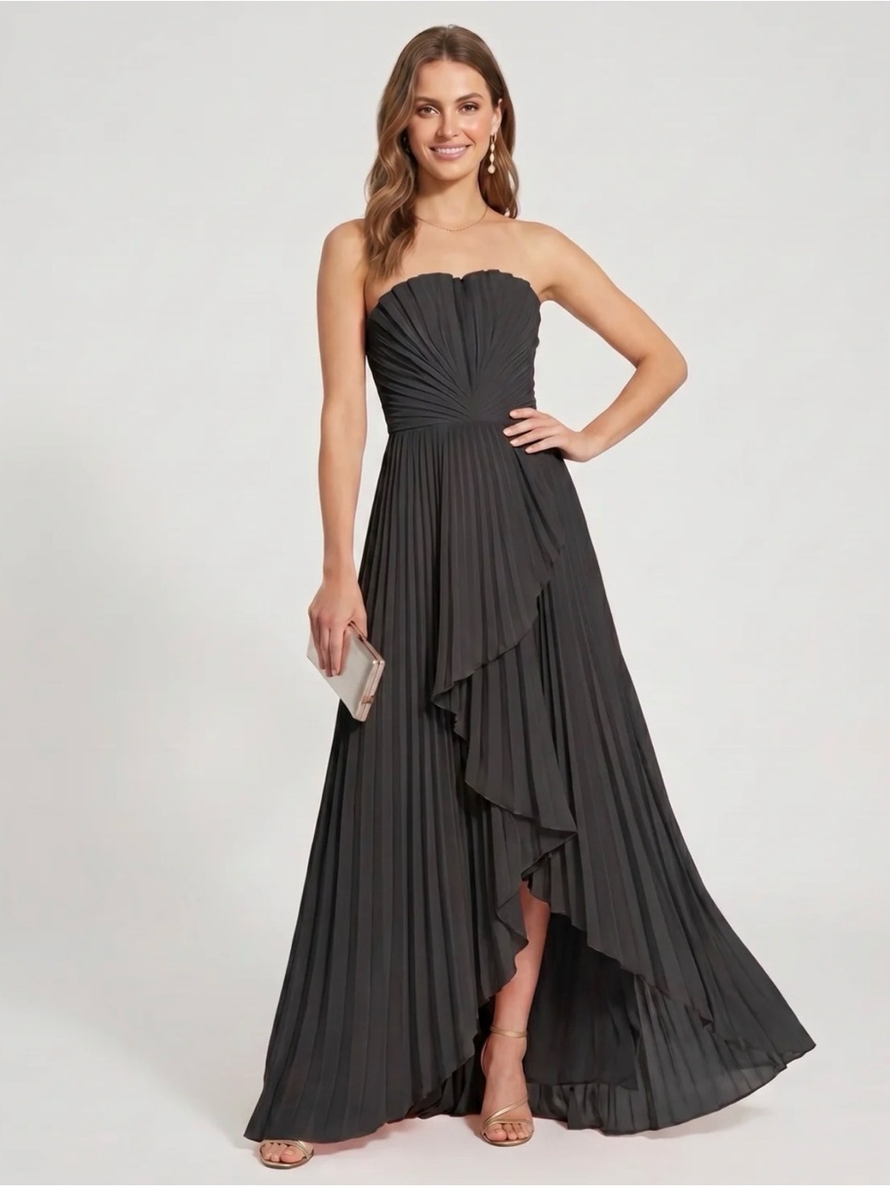 Strapless Black Pleated Maxi Dress
